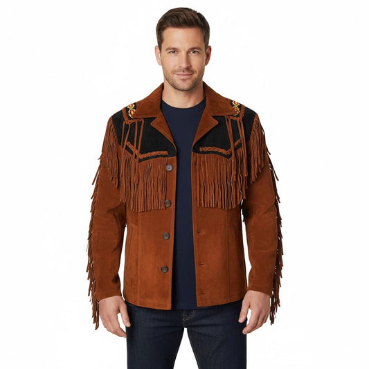 Man wearing a brown suede jacket with fringes - Native Leather Shop