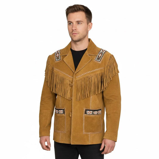 Brown Western Suede Leather Fringe Beaded Cowboy Jacket NLS-188