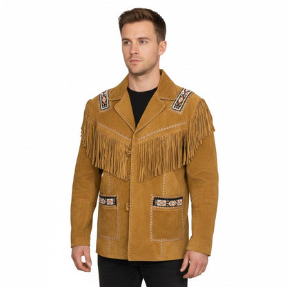 Brown Western Suede Leather Fringe Beaded Cowboy Jacket NLS-195