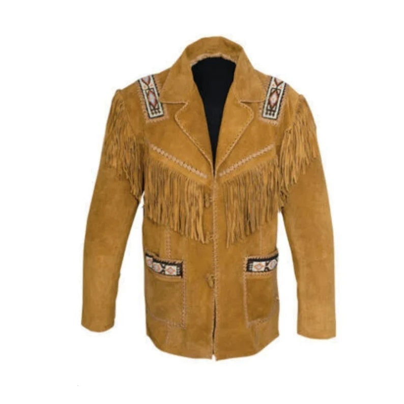 Brown Western Suede Leather Fringe Beaded Cowboy Jacket NLS-195