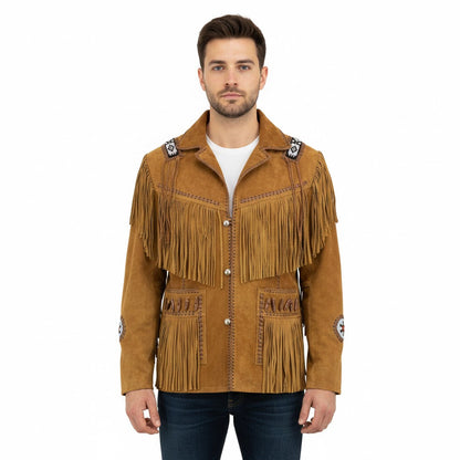 Man wearing a brown suede jacket with fringes - Native Leather Shop