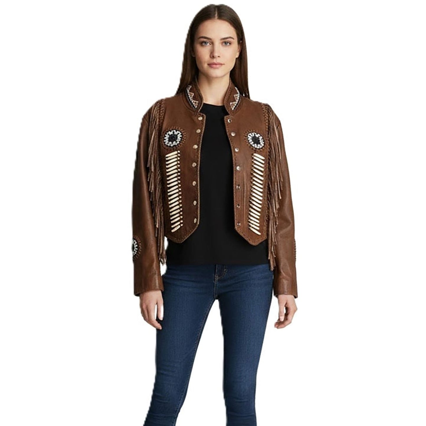 Beige Women’s Western Fringe Leather Jacket NLS-021