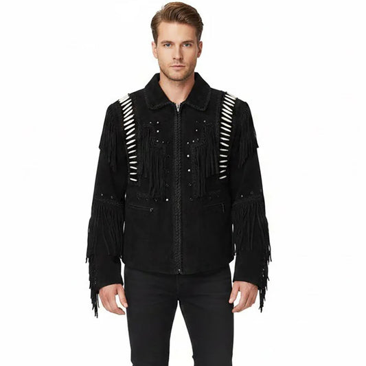 Fringe Bone Suede Leather Cowboy Jacket NLS-254