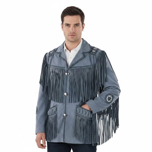 Gray Western Suede Leather Fringes Beaded Cowboy Jacket NLS-064