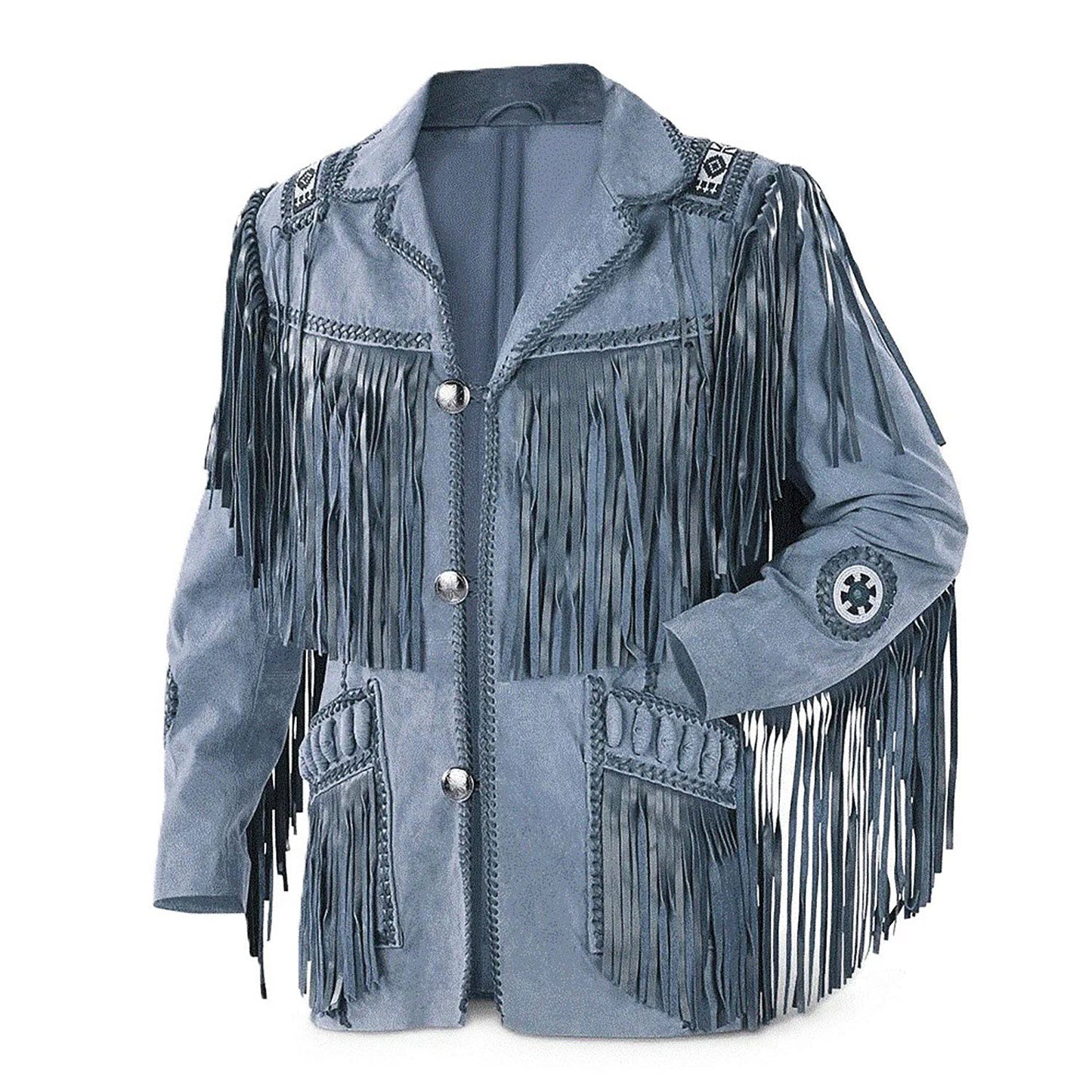 Gray Western Suede Leather Fringes Beaded Cowboy Jacket NLS-064