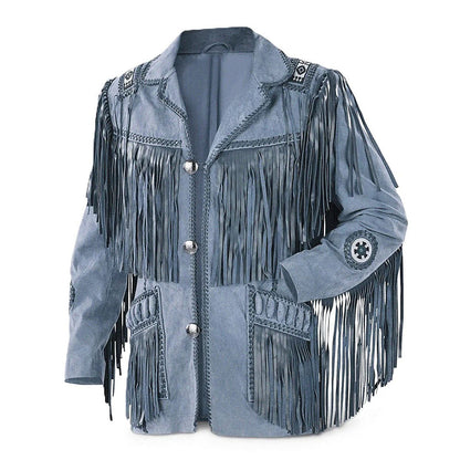 Gray Western Suede Leather Fringes Beaded Cowboy Jacket NLS-064