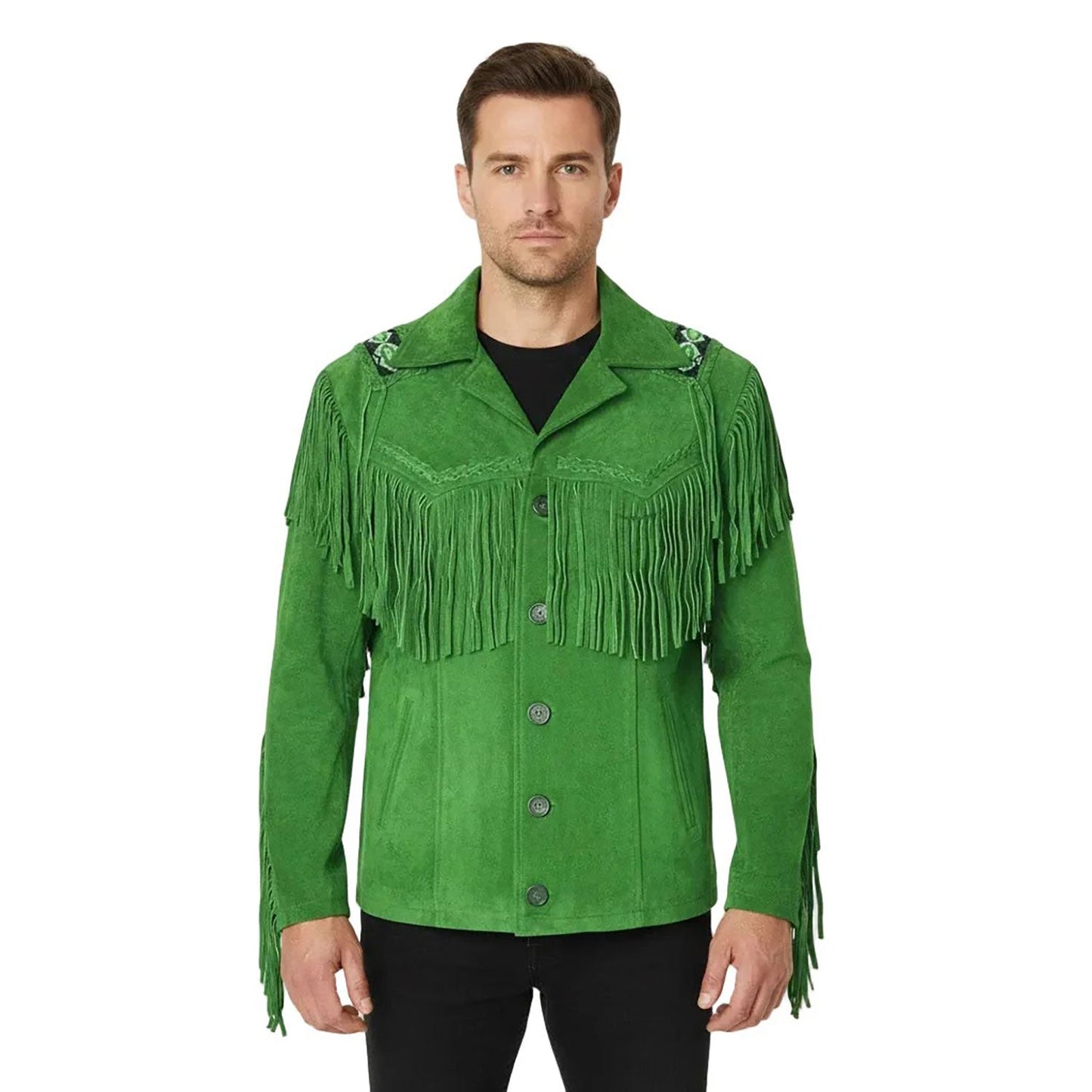 Green Western Suede Leather Fringe Beaded Cowboy Jacket NLS-061