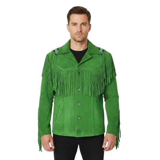 Green Western Suede Leather Fringe Beaded Cowboy Jacket NLS-061
