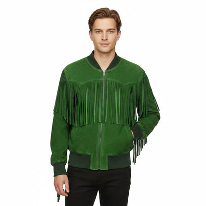 Green Western Suede Leather Fringe Cowboy Jacket NLS-059