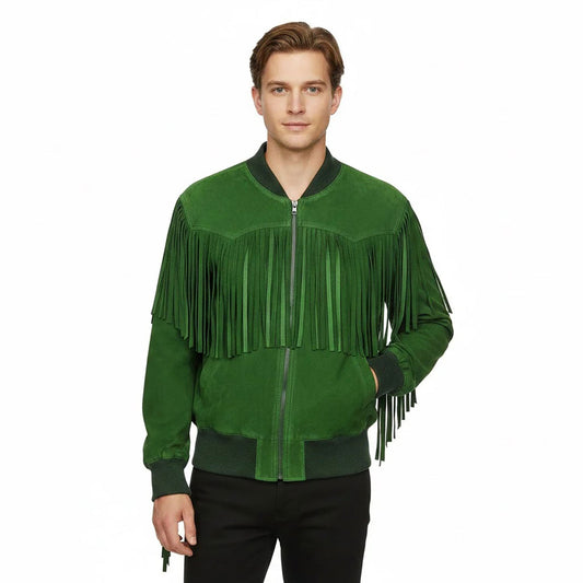 Green Western Suede Leather Fringe Cowboy Jacket NLS-059