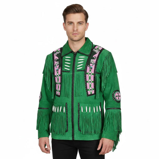 Green Western Suede Leather Fringe Eagle Beaded Cowboy Jacket NLS-060