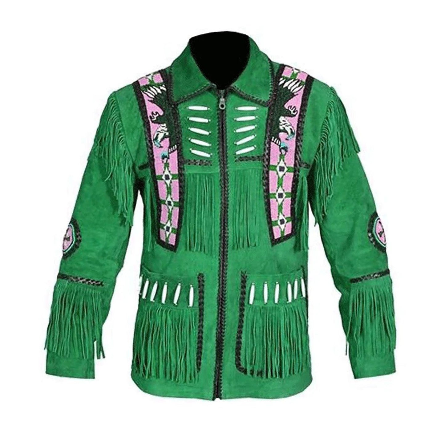 Green Western Suede Leather Fringe Eagle Beaded Cowboy Jacket NLS-060