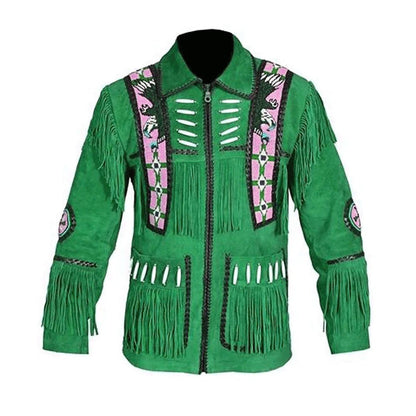 Green Western Suede Leather Fringe Eagle Beaded Cowboy Jacket NLS-060