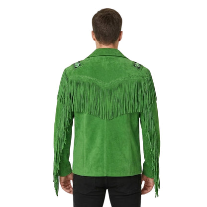 Green Western Suede Leather Fringe Beaded Cowboy Jacket NLS-061