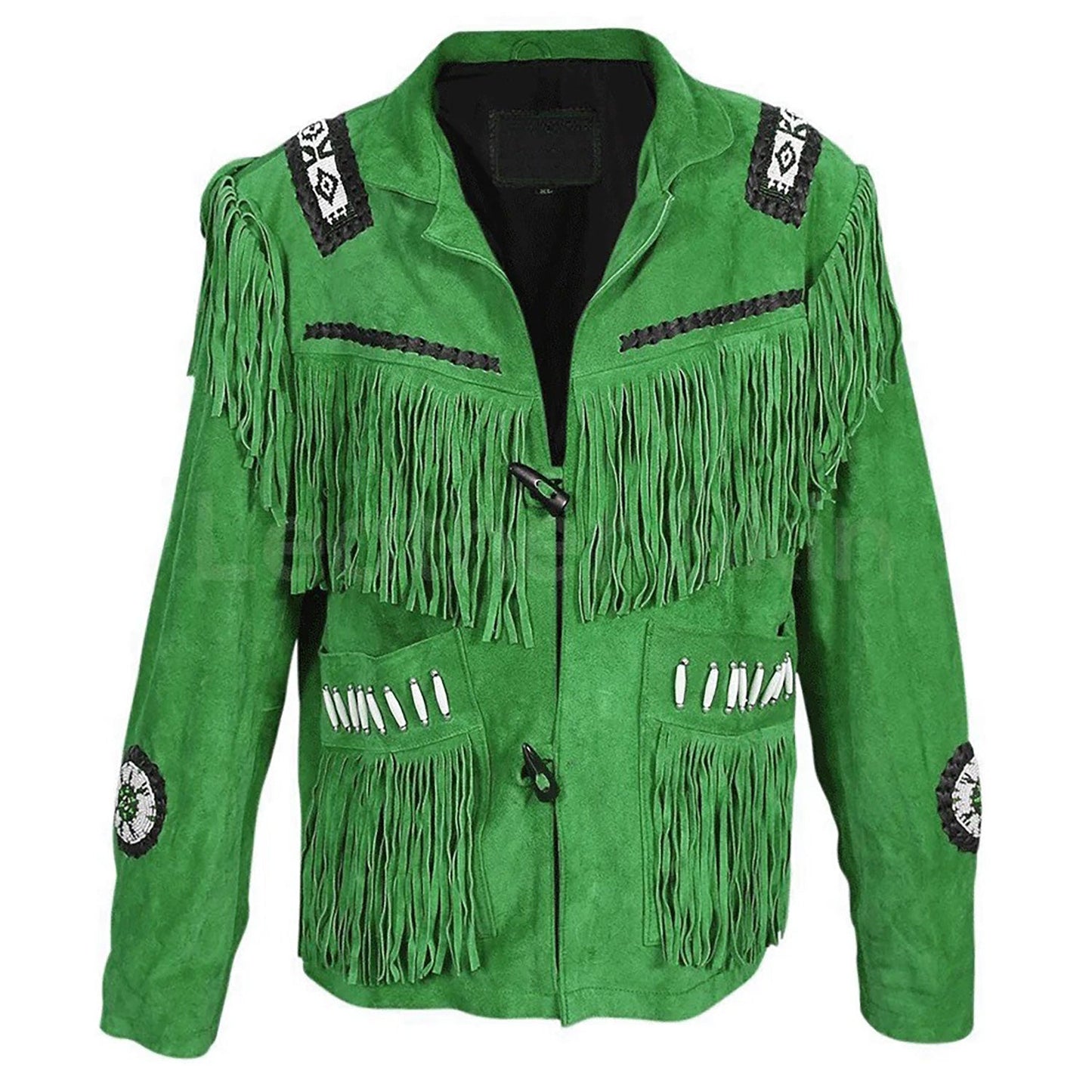 Green Western Suede Leather Fringe Beaded Cowboy Jacket NLS-062