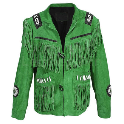 Green Western Suede Leather Fringe Beaded Cowboy Jacket NLS-062