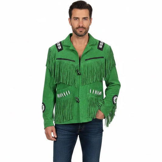 Green Western Suede Leather Fringe Beaded Cowboy Jacket NLS-062