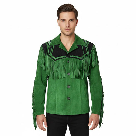 Green Western Suede Leather Fringe Beaded Cowboy Jacket NLS-063