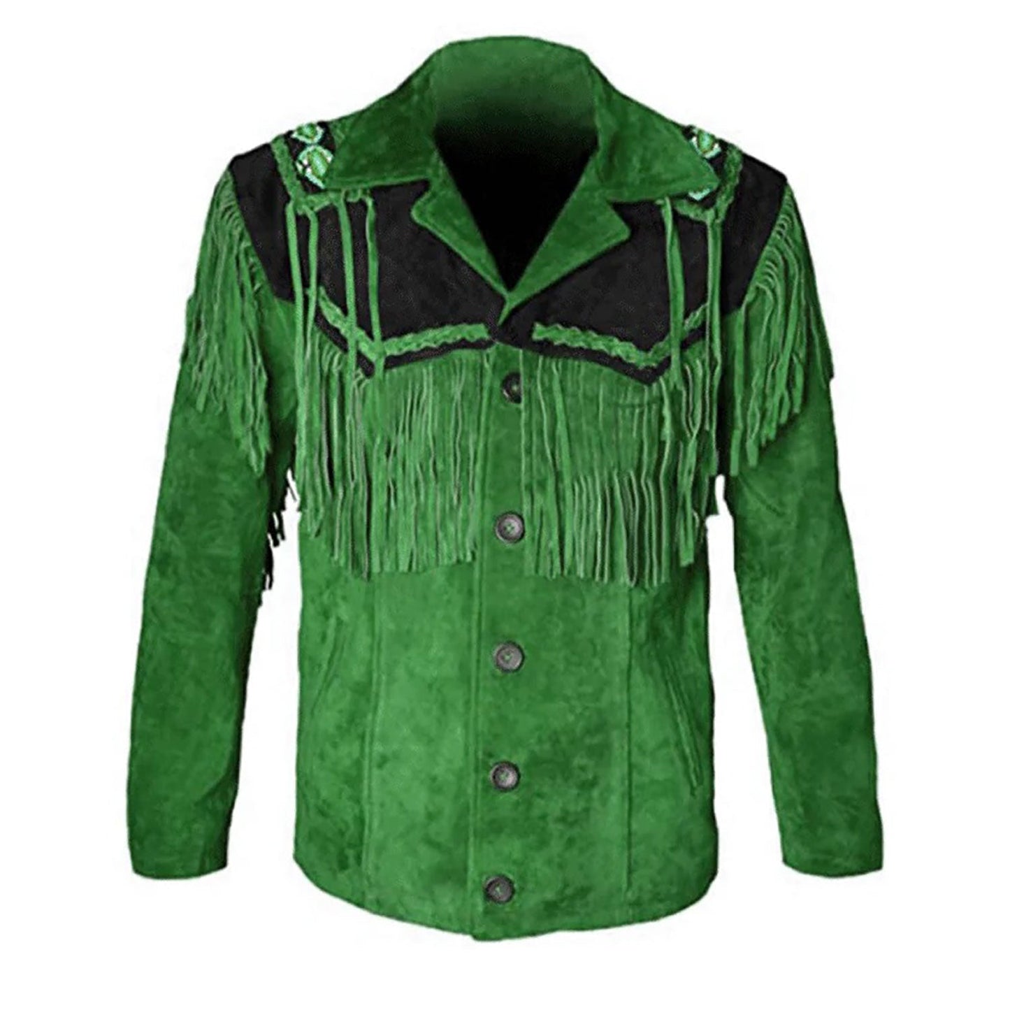 Green Western Suede Leather Fringe Beaded Cowboy Jacket NLS-063