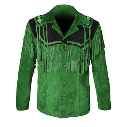 Green Western Suede Leather Fringe Beaded Cowboy Jacket NLS-063
