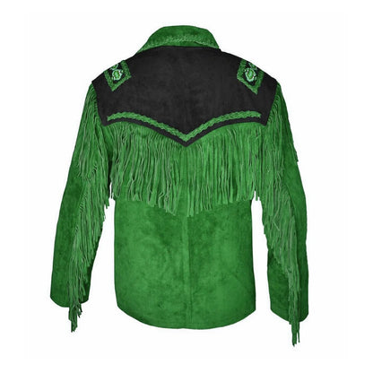 Green Western Suede Leather Fringe Beaded Cowboy Jacket NLS-063