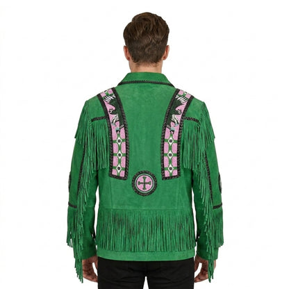 Green Western Suede Leather Fringe Eagle Beaded Cowboy Jacket NLS-060