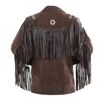 Grey Western Leather Fringe Beaded Cowboy Jacket NLS-058