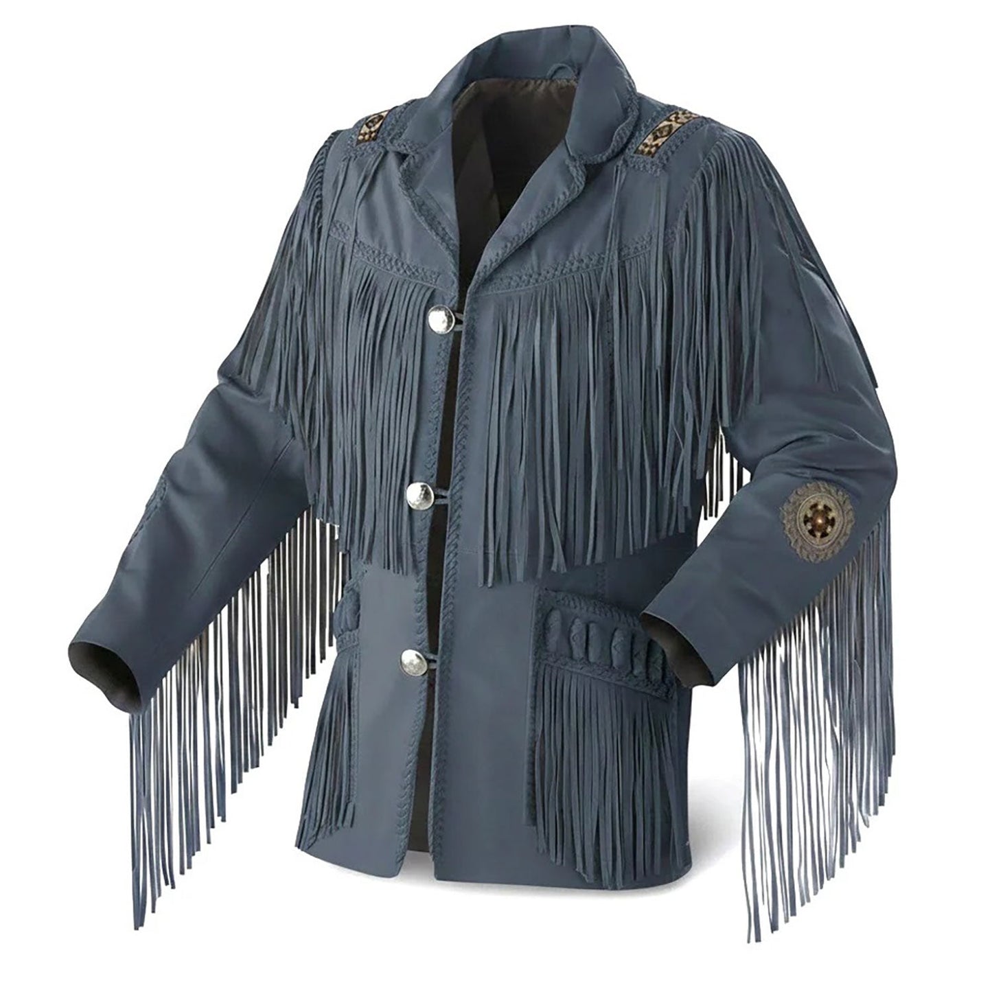 Grey Western Leather Fringe Beaded Cowboy Jacket NLS-058