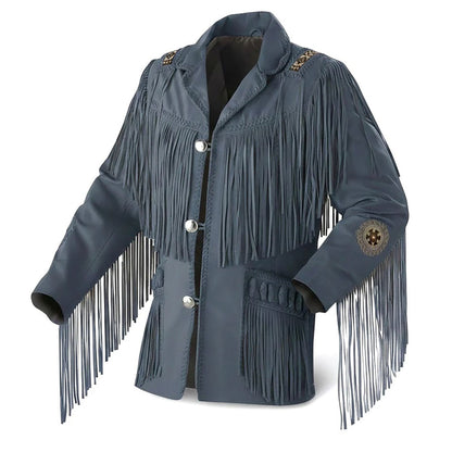 Grey Western Leather Fringe Beaded Cowboy Jacket NLS-058