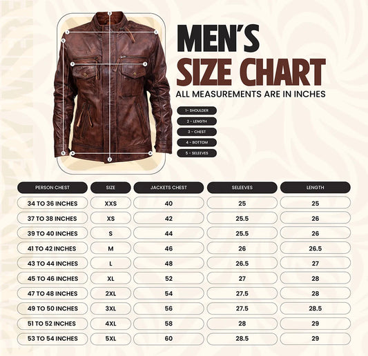 Native Leather Shop Men's size chart for a leather jacket with measurements in inches.