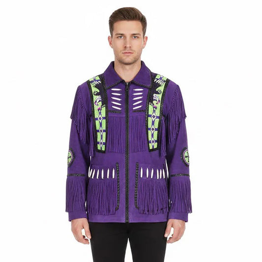 Purple Western Suede Fringe Eagle Beaded Cowboy Jacket NLS-056