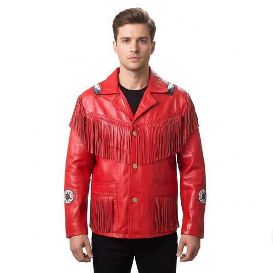 Red Western Leather Fringe Beaded Cowboy jacket NLS-055