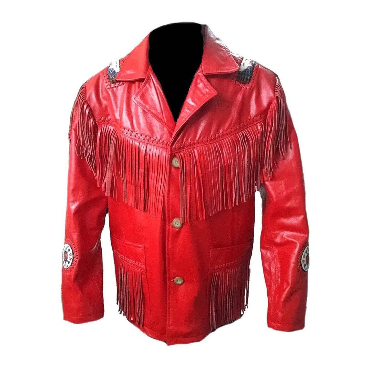 Red Western Leather Fringe Beaded Cowboy jacket NLS-055