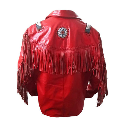 Red Western Leather Fringe Beaded Cowboy jacket NLS-055