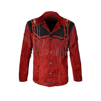 Red Western Suede Leather Fringe Beaded Cowboy Jacket NLS-051