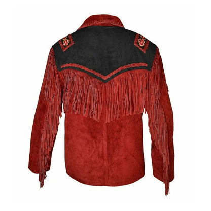 Red Western Suede Leather Fringe Beaded Cowboy Jacket NLS-051