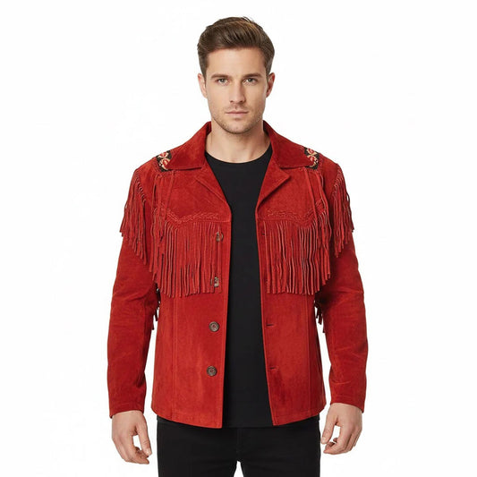 Red Western Suede Leather Fringe Beaded Cowboy Jacket NLS-052
