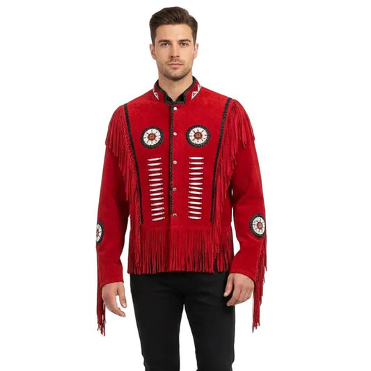 Red Western Suede Leather Fringe Beaded Cowboy Jacket NLS-054