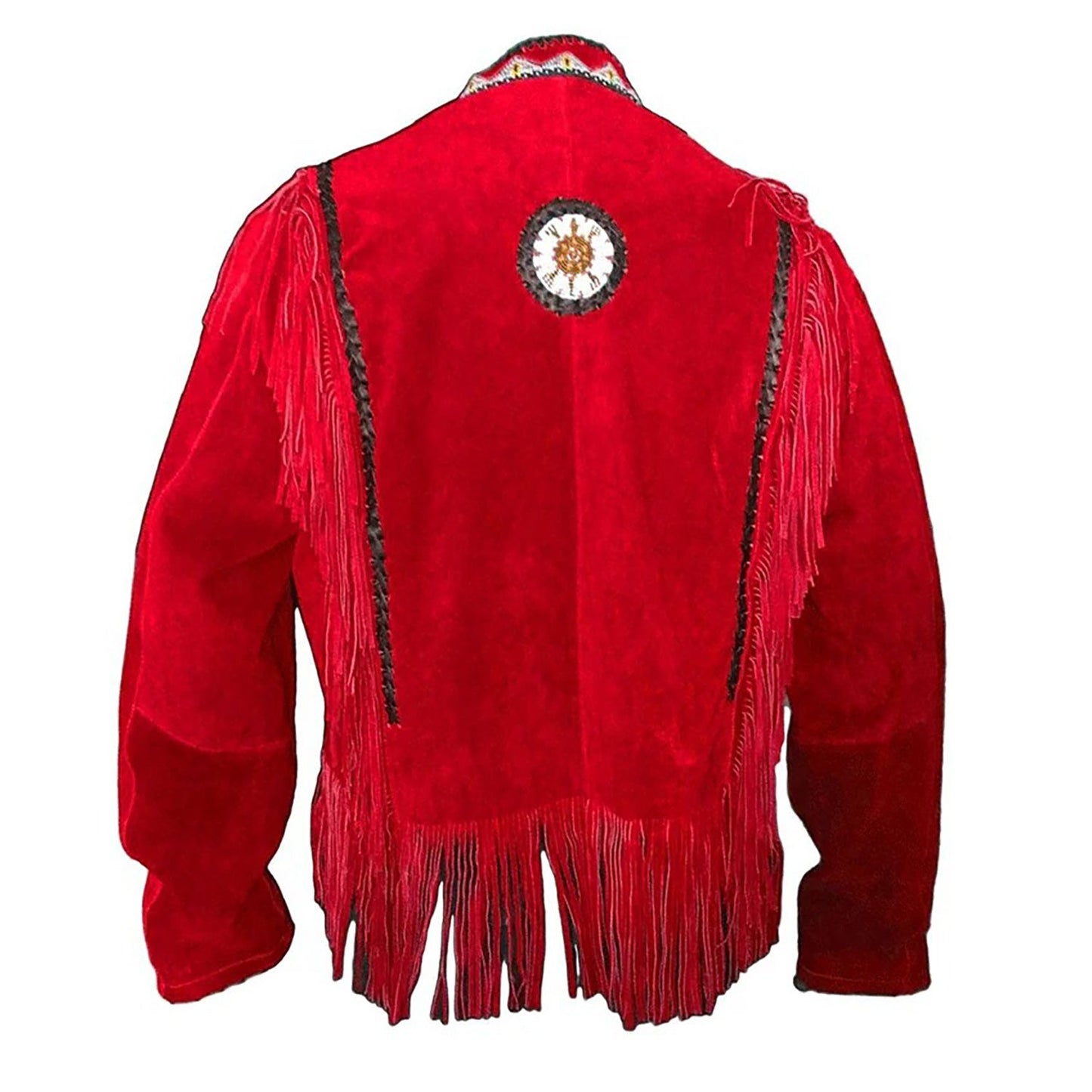 Red Western Suede Leather Fringe Beaded Cowboy Jacket NLS-054