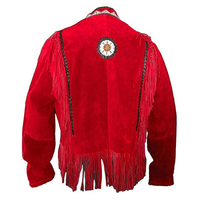 Red Western Suede Leather Fringe Beaded Cowboy Jacket NLS-054