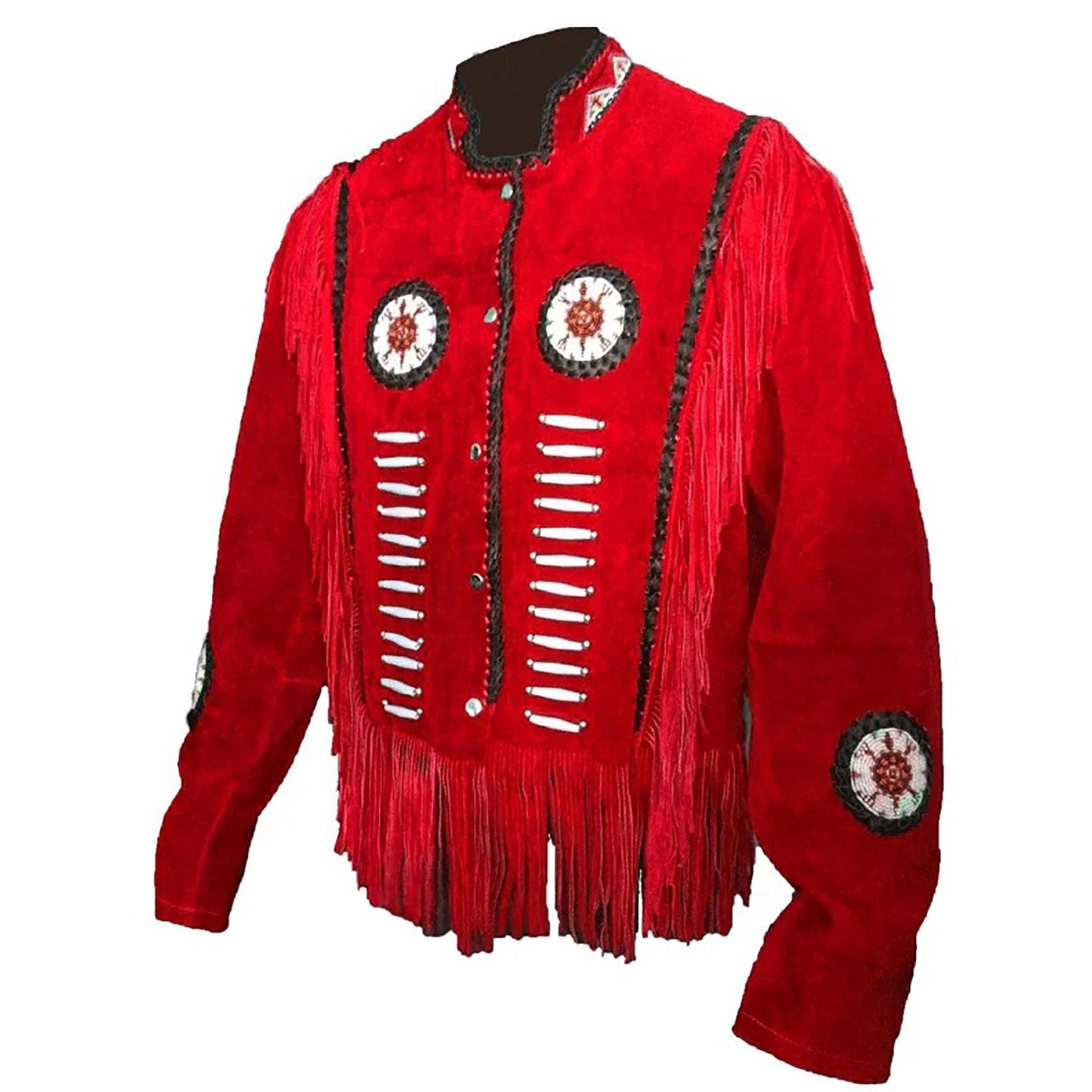 Red Western Suede Leather Fringe Beaded Cowboy Jacket NLS-054