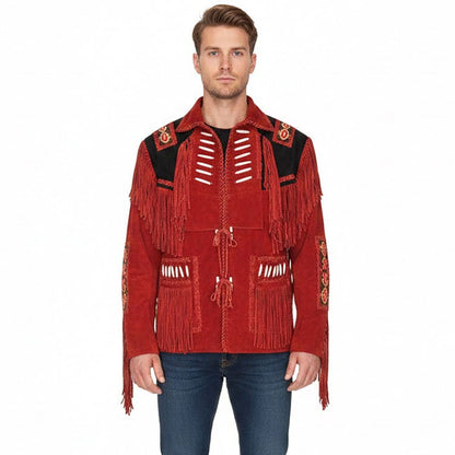 Red Western Suede Leather Fringes Beaded Cowboy Jacket NLS-047