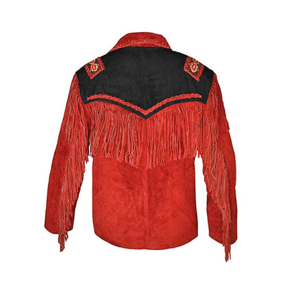 Red Western Suede Leather Fringes Beaded Cowboy Jacket NLS-047