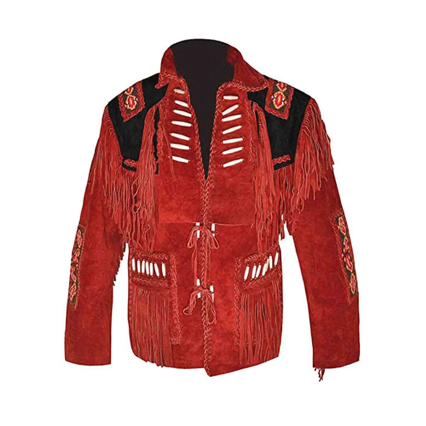 Red Western Suede Leather Fringes Beaded Cowboy Jacket NLS-047