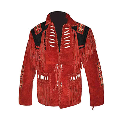Red Western Suede Leather Fringes Beaded Cowboy Jacket NLS-047
