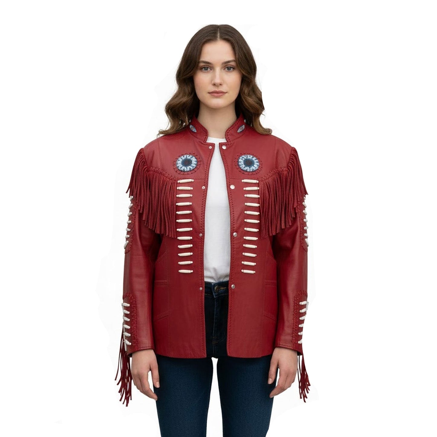 Red Women’s Western Fringe Leather Jacket NLS-003