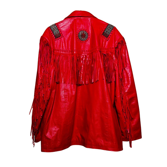 Red Women’s Western Fringe Leather Jacket NLS-006