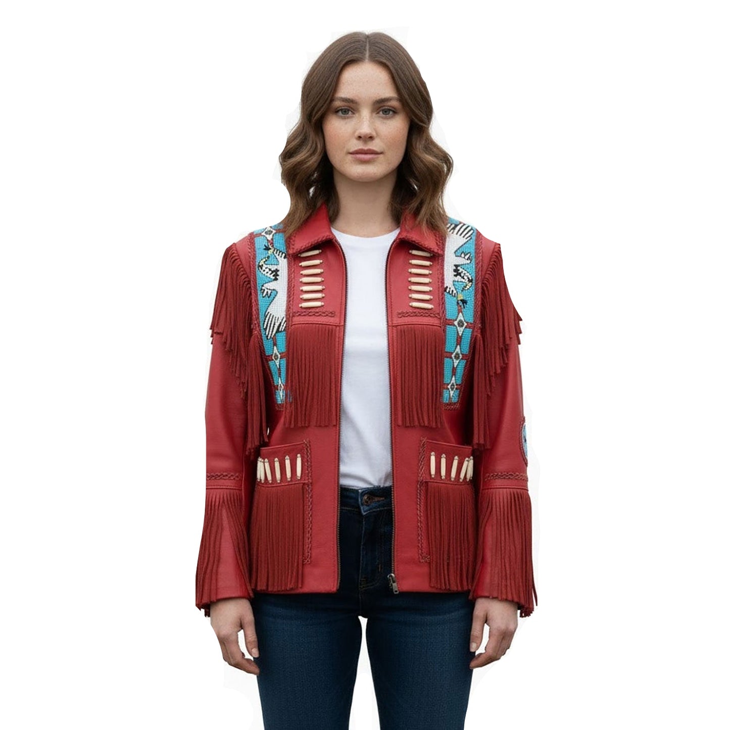 Red Women’s Western Fringe Leather Jacket With Eagle Beads NLS-005