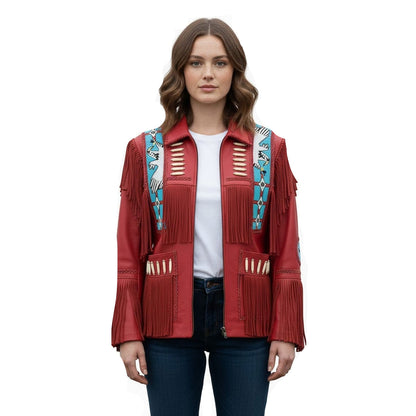 Red Women’s Western Fringe Leather Jacket With Eagle Beads NLS-005