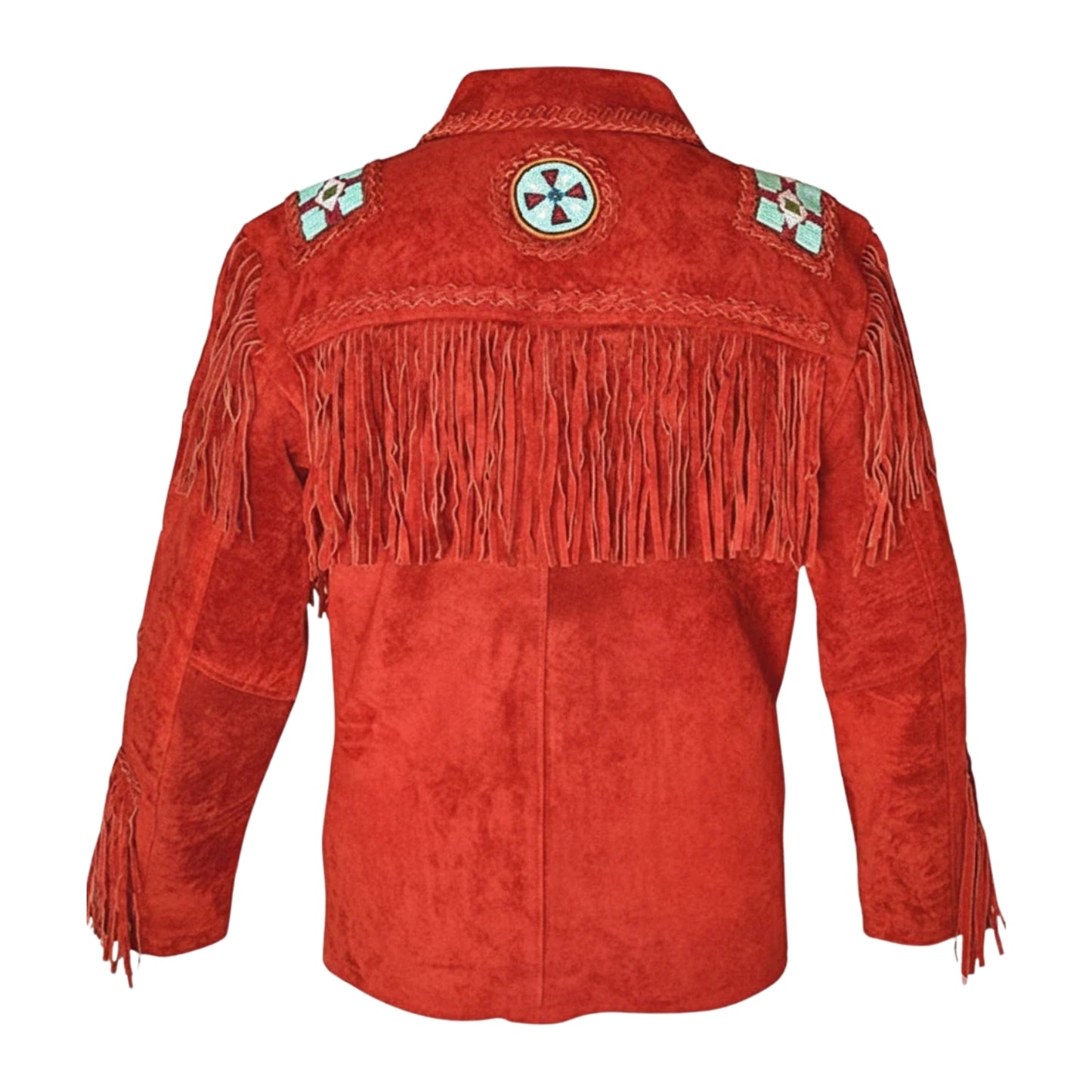 Red Women’s Western Fringe Leather Jacket With Eagle Beads NLS-005